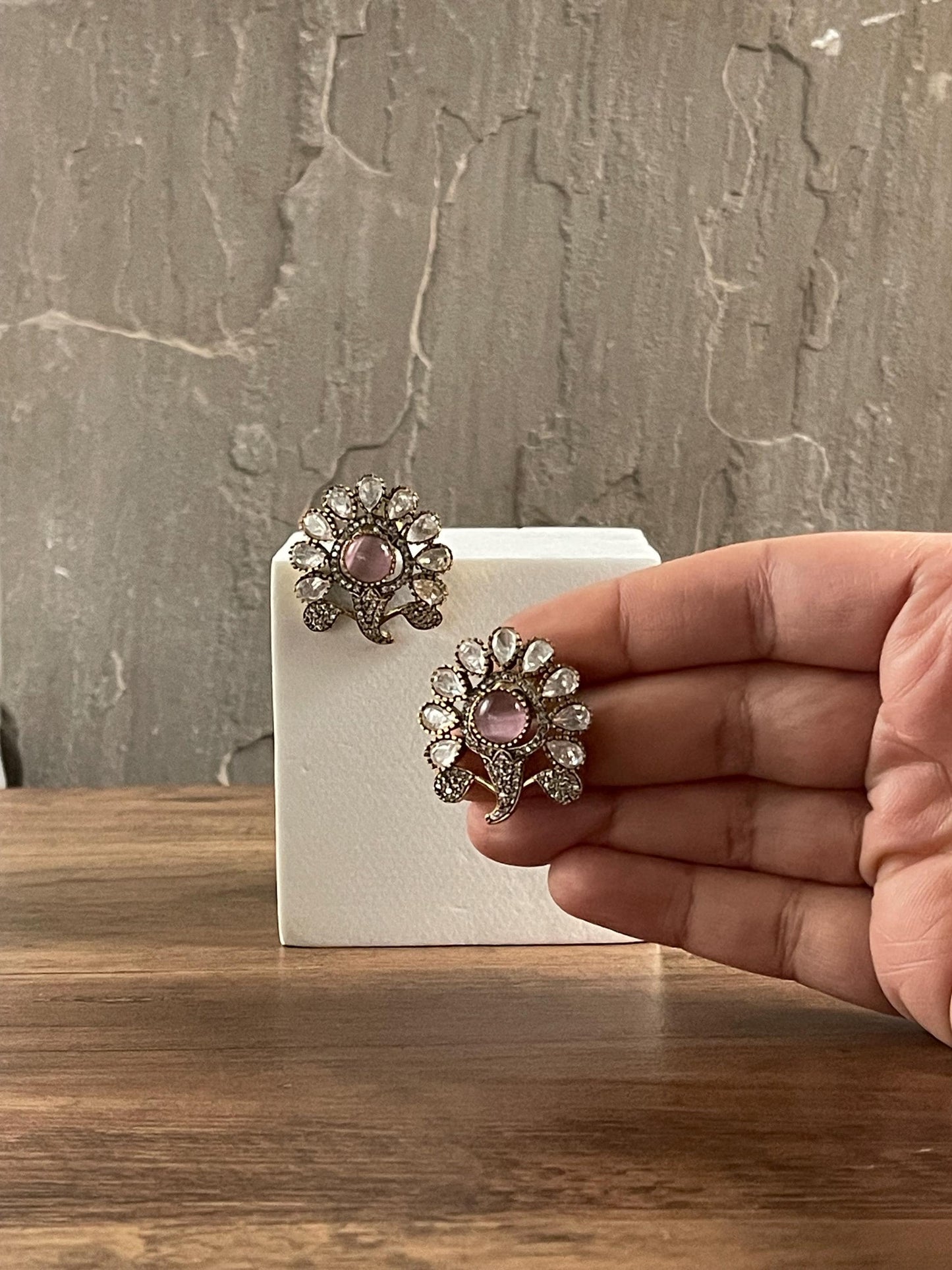 GLORIA | Polki Floral Statement Studs: Crystal & Antique Gold, Red/Pink/Green