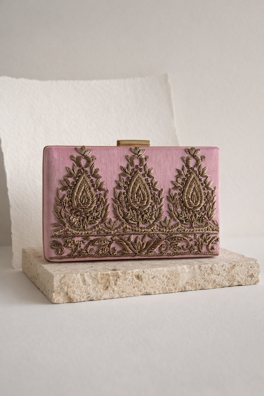 AMARNA | Dusty Rose Pink Embroidered Clutch Bag – Gold Zardozi Bridal Purse, Indian Wedding Evening Bag