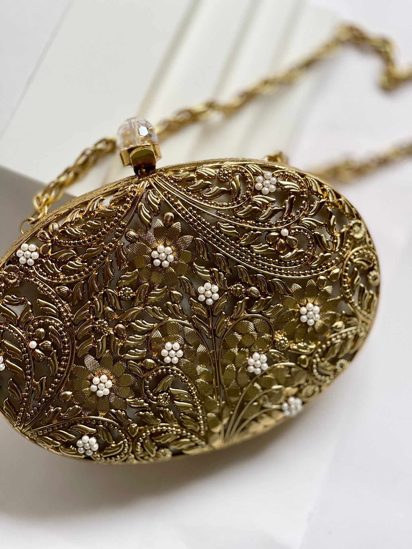MAEVE | Gold Motif Oval Clutch Bag Mother of Pearl Evening Purse