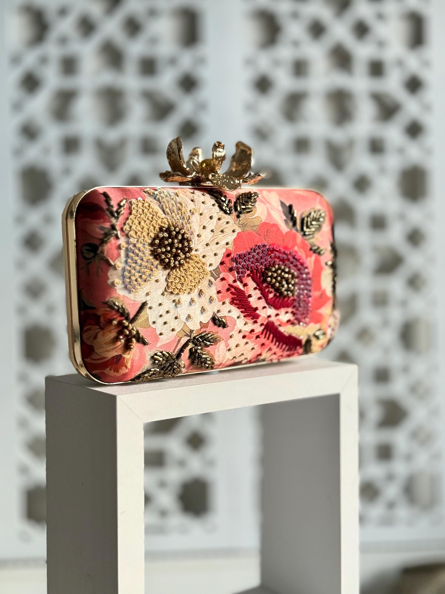 FLORENCE | Floral Printed Silk Clutch | Embellished Evening Bag with Floral Clasp