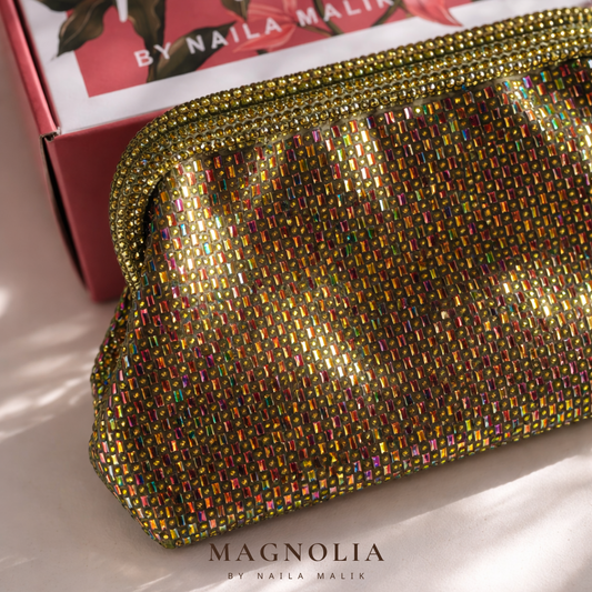 LA BOQUERIA Olive green crystal clutch bag | Multicolour evening purse | Luxury statement party bag