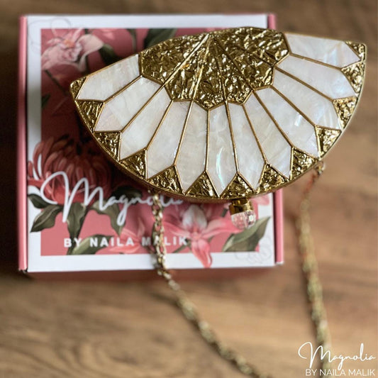 BRISTOL | Fan Shaped MOP Gold White Evening Purse
