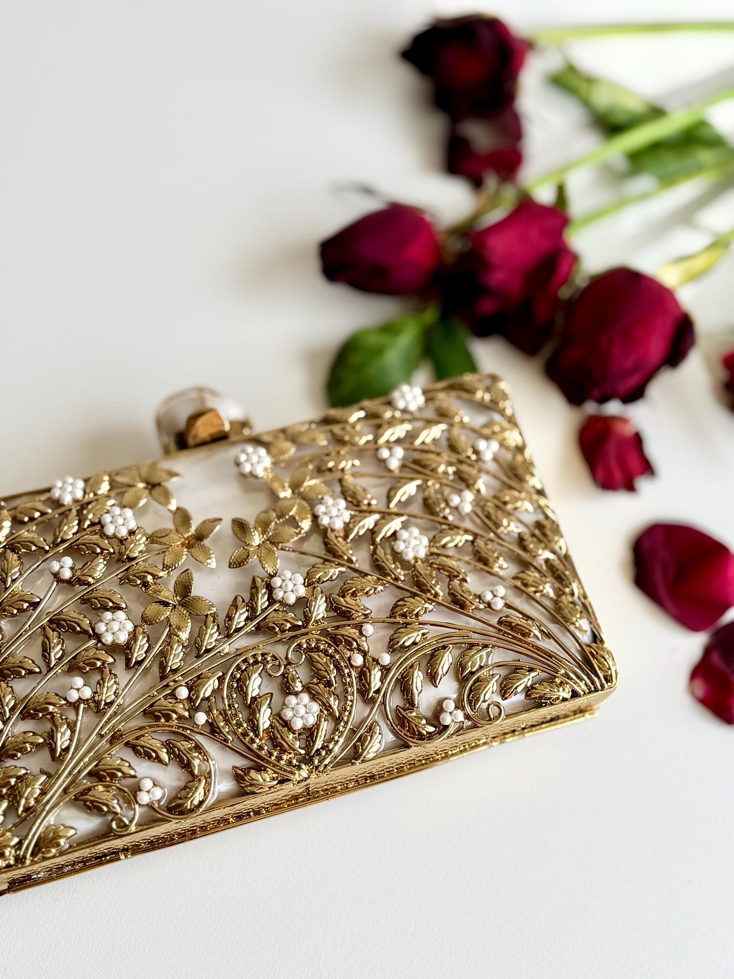 MELBOURNE | Gold Motif Rectangle Clutch Bag Mother of Pearl Evening Purse