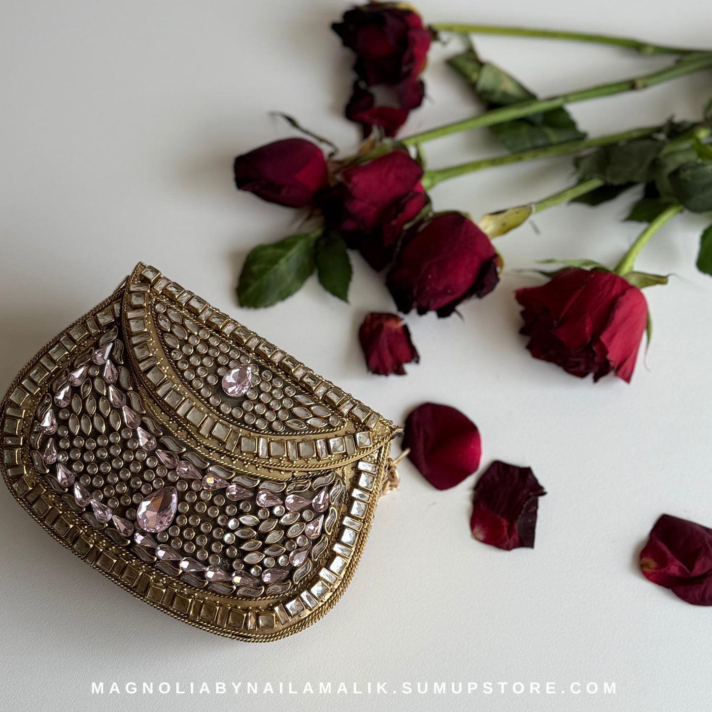 Luxury Kundan Clutch | Mini Embellished Minaudière Bag | Indian Wedding Purse | Pink & Green Evening Bag | Handcrafted Bridal Clutch |Ethnic