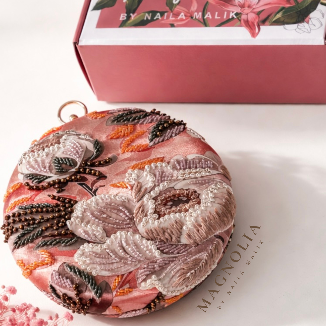 SAMARKAND| Round Silk Printed & Embellished Clutch Bag