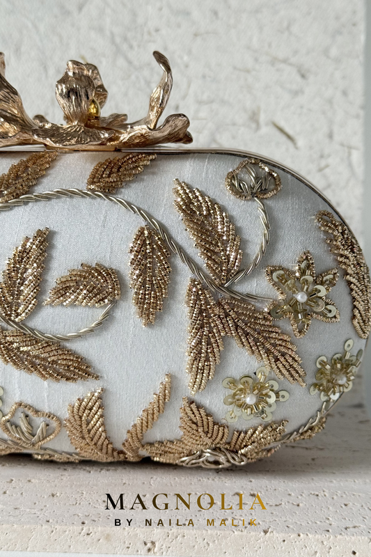 ARAR | Ivory Gold Embroidered Bridal Clutch Bag – Zardozi Wedding Purse