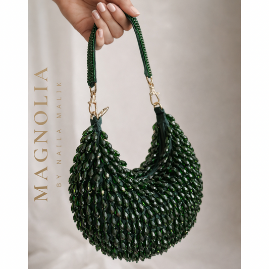 PORTOBELLO ROAD Emerald Green Beaded Party Purse | Luxury Handmade Evening Statement Bag
