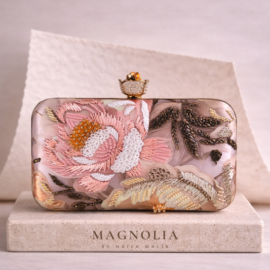 SALQIN | Blush Nude Floral Clutch Bag, Pink Silk Beaded Clutch, Champagne Evening Bag