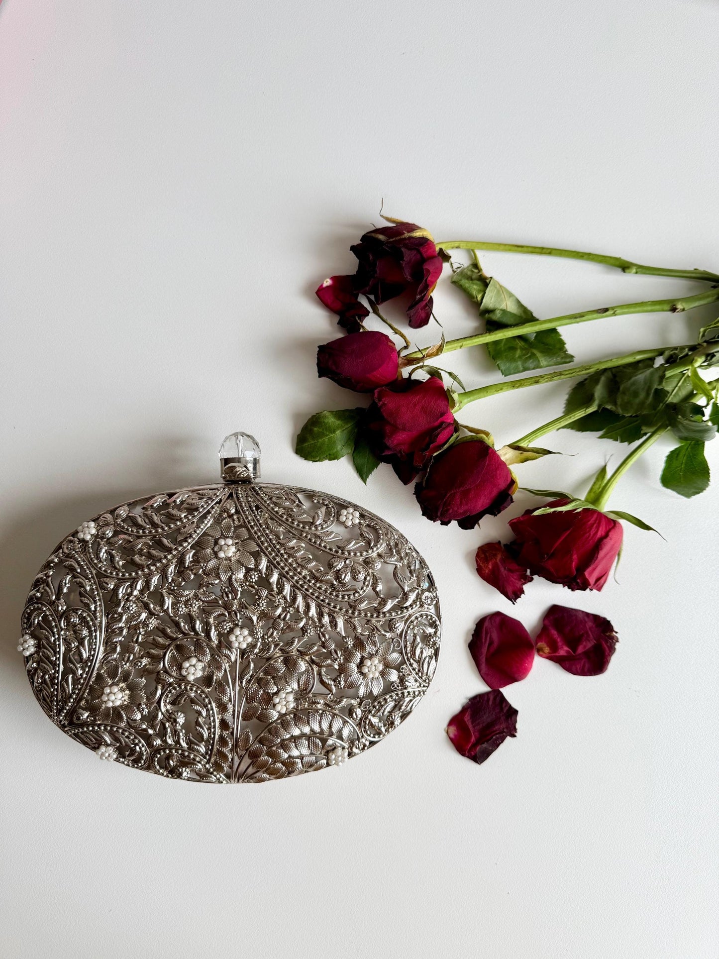 MAEVE | Silver Motif Oval Clutch Bag Mother of Pearl Evening Purse |