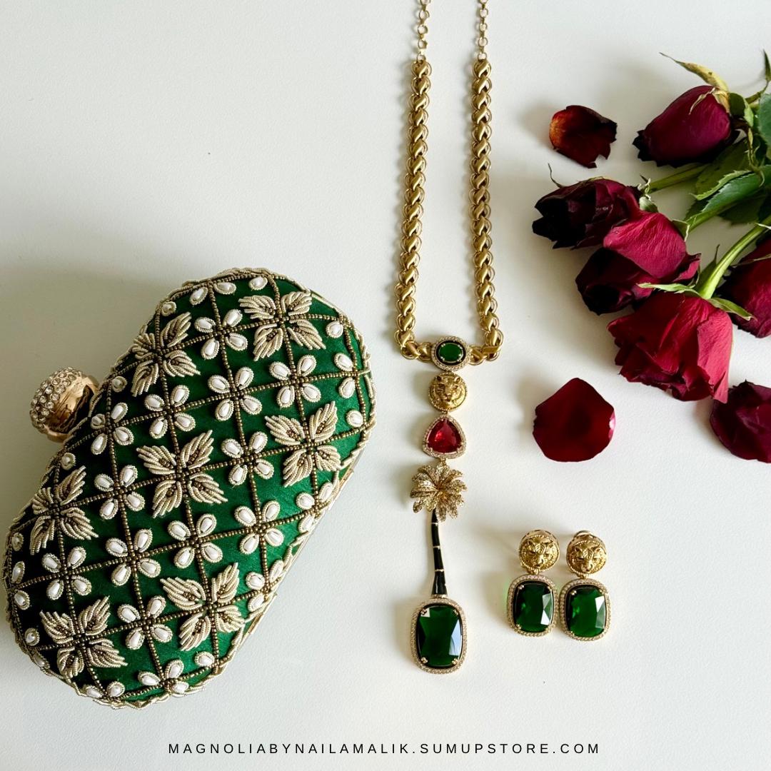 LANA Tiger and Palm Motif Designer Statement Necklace and Earrings Set in Green, Yellow and Red Stones 2 Variations