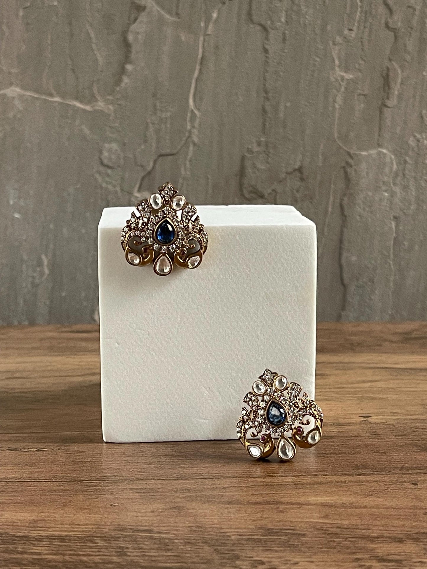 KEEYA | Blue and Antique Gold Oversized Stud Earrings: Keeya Statement Jewelry | Birthday Gift