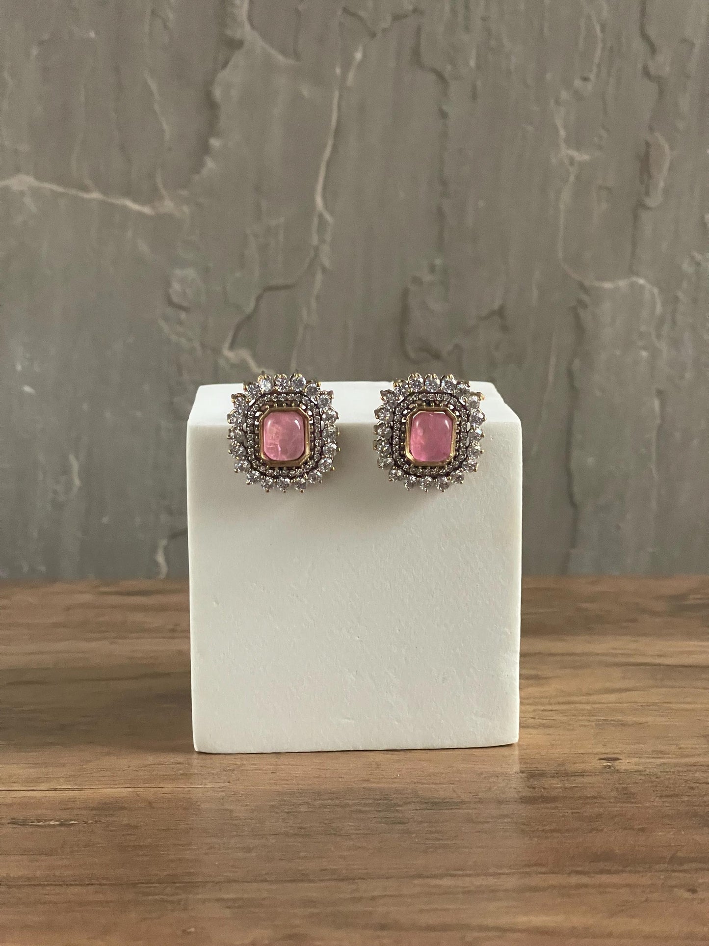 AMY |Pink Statement Stud Earrings: Gold-Plated Brass, CZ Halo