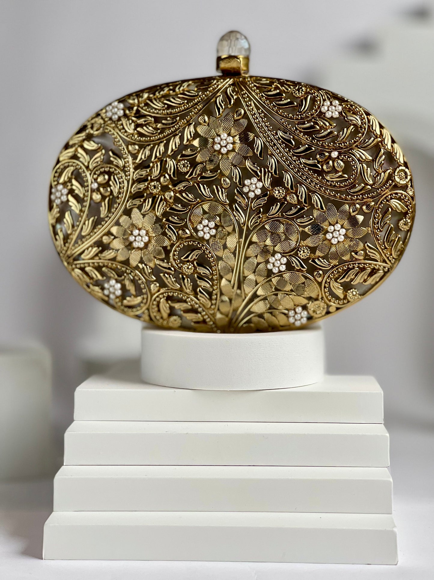 MAEVE | Gold Motif Oval Clutch Bag Mother of Pearl Evening Purse