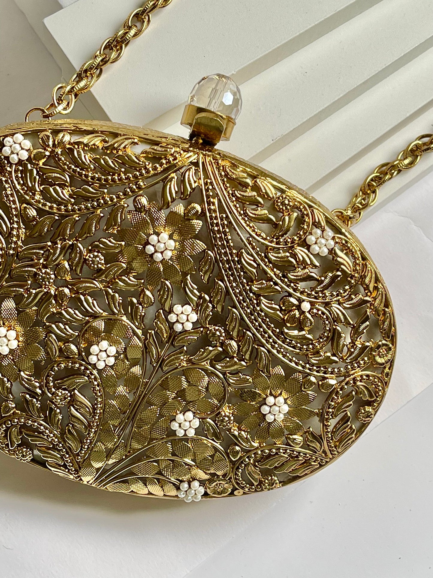 MAEVE | Gold Motif Oval Clutch Bag Mother of Pearl Evening Purse