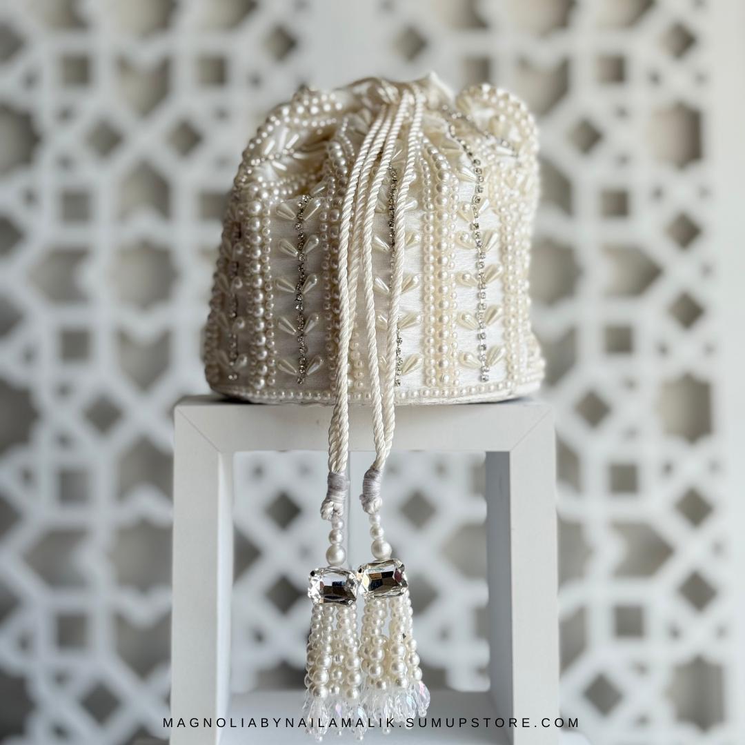 BIKANER | White Cream Potli bag with Bead Work and Crystal Handle | White Wedding Bridal Bag Pouch