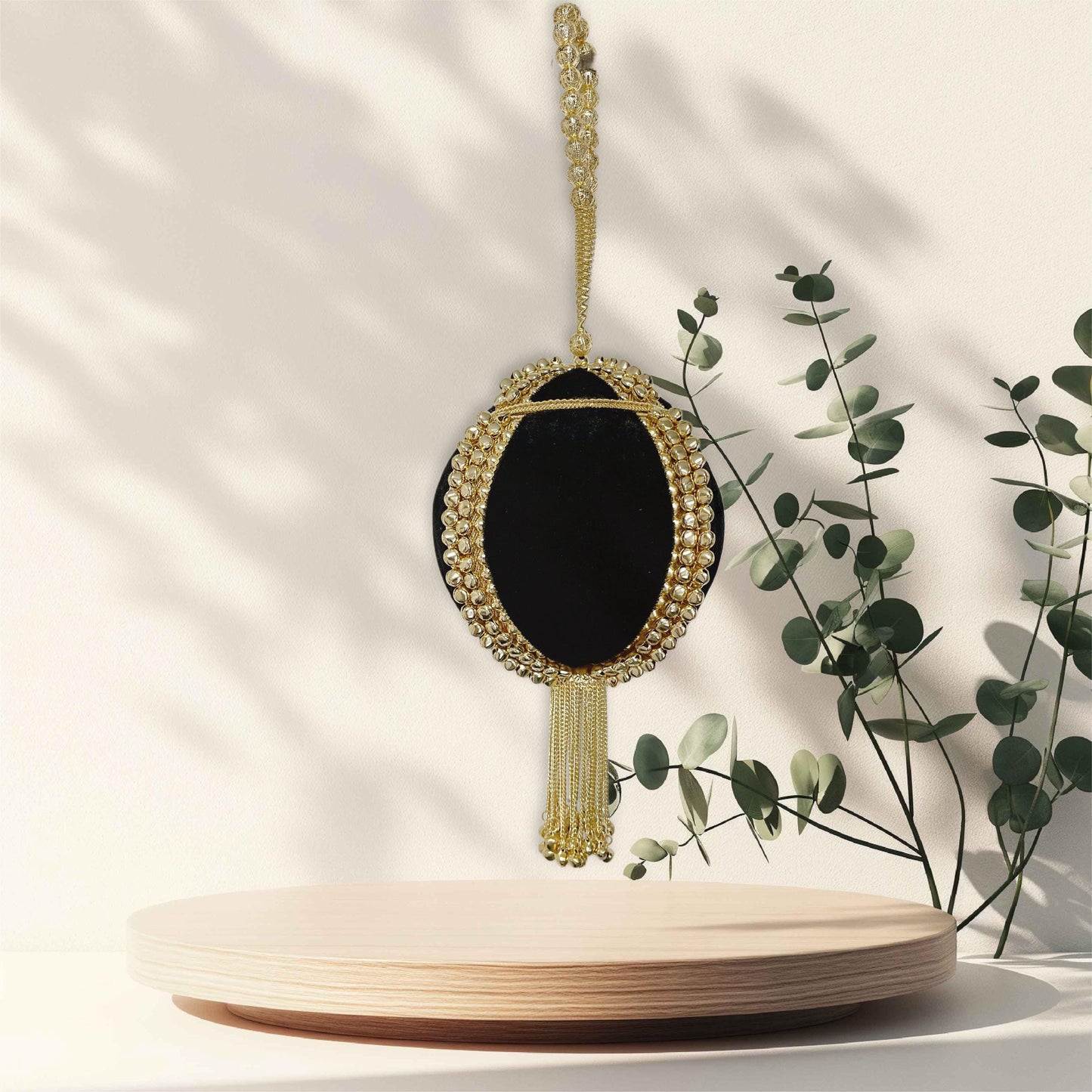 VIENNA | Velvet Black Brass Potli Bag Round Clutch Purse | Gold Hangings | Unique Statement Bag