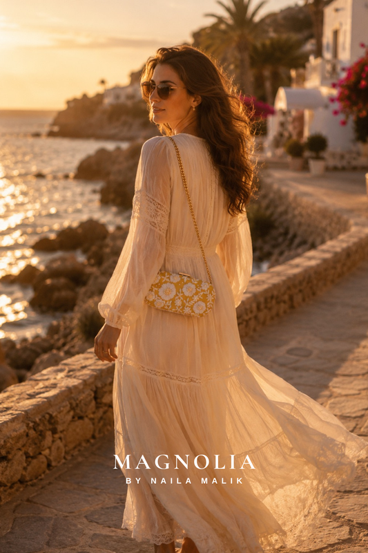 IBIZA | Golden Sunset | Yellow & White Embroidered Clutch