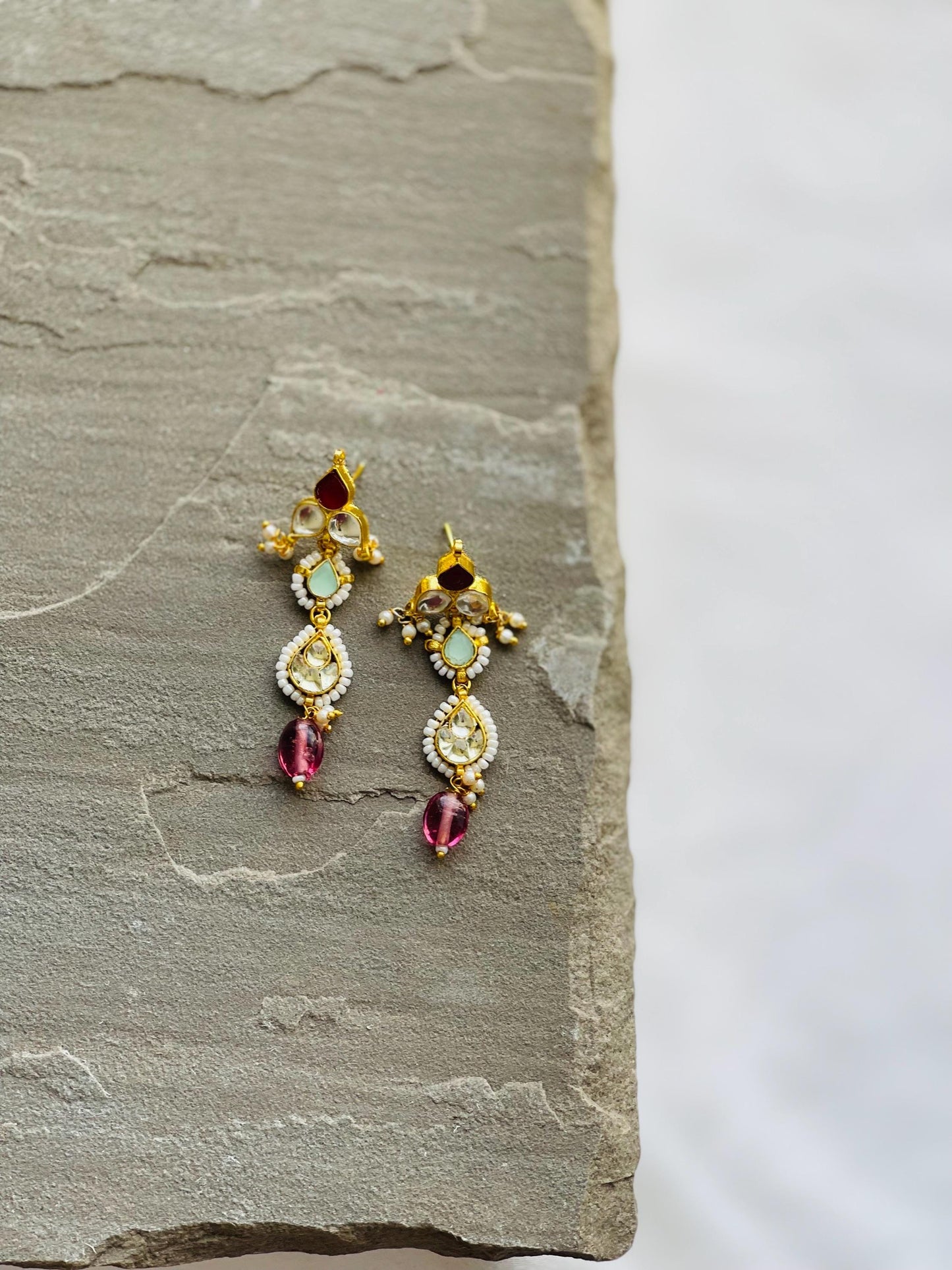 ANIKA | Kundan pink and mint earrings lightweight festive wedding jewelry