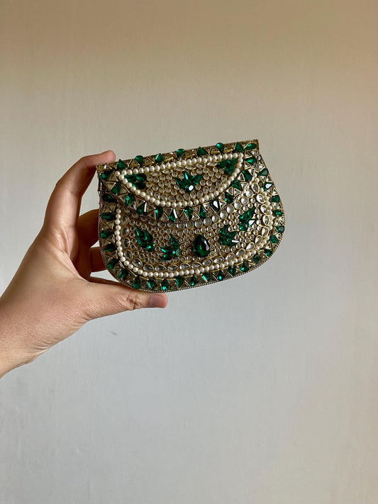 TEHRAN | Gold & Green Evening Bag | Kundan Clutch | Mini Embellished Minaudière Bag |