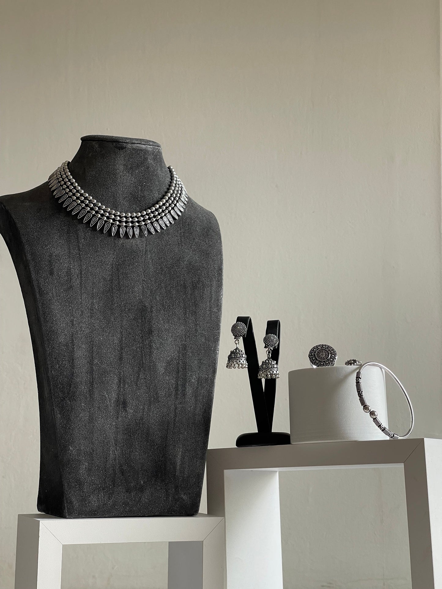 SEYAL | Ethnic German Silver Jewellery Set Choker Earrings Ring Bangle