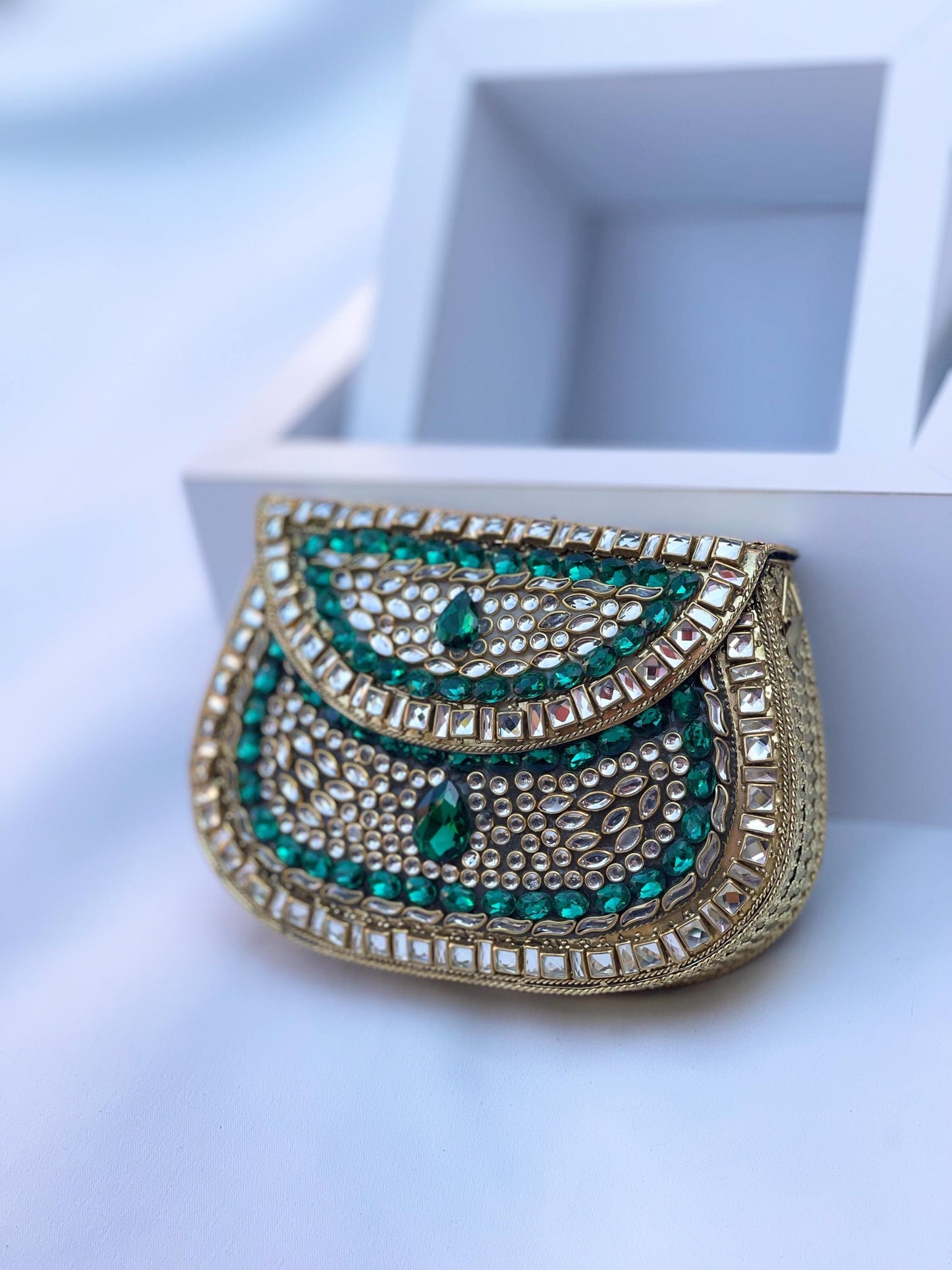 SHIRAZ | Luxury Kundan Clutch | Mini Embellished Minaudière Bag | Indian Wedding Purse | Gold & Green Evening Bag | Handcrafted Bridal Clutch |Ethnic
