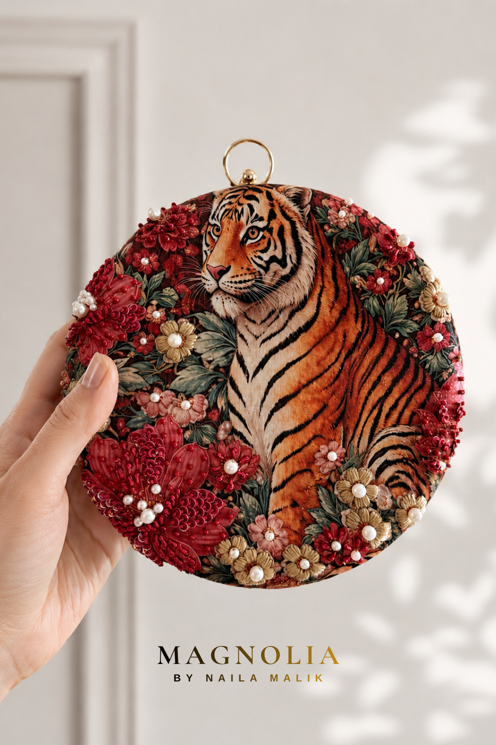 BAGH OF BENGAL | Indian Themed Red Orange Printed Embroidered Clutch