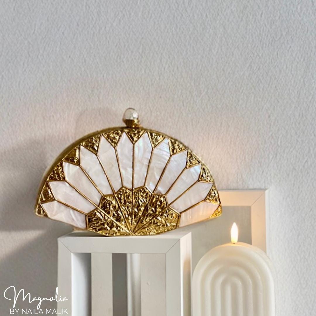 BRISTOL | Fan Shaped MOP Gold White Evening Purse