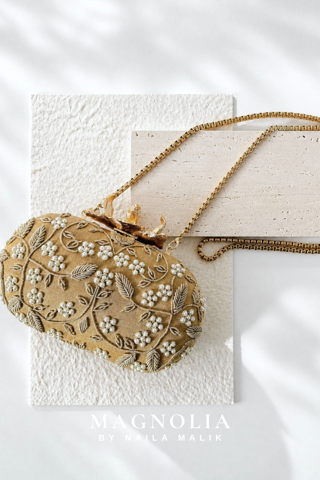 SUEZ | Floral Embroidery Gold Clutch