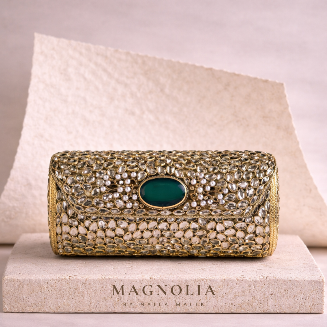 MEDINA SOUQ | Kundan Barrel Clutch with Green Stone