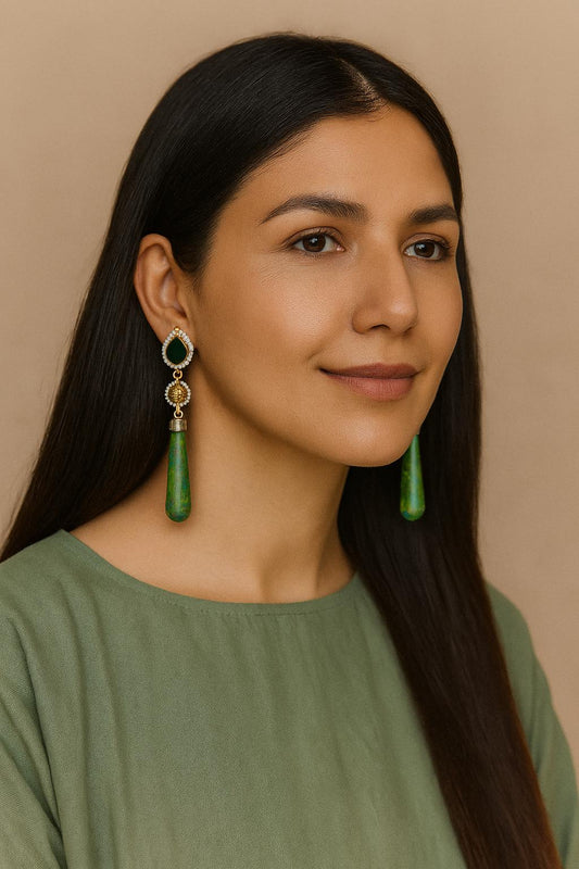 HEBA | Marble Effect Earrings Gold and Green traditional Indian Jewellery