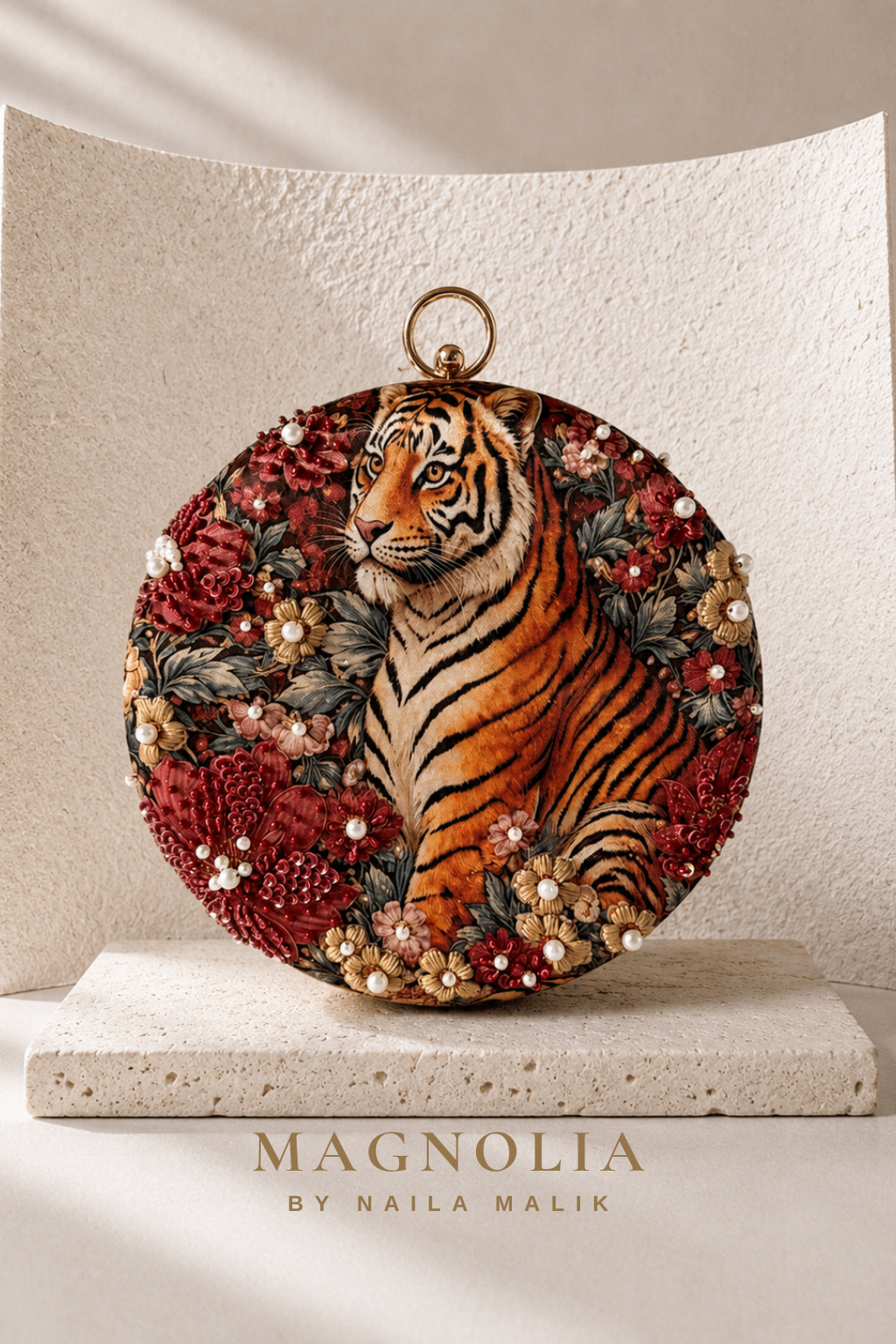 BAGH OF BENGAL | Indian Themed Red Orange Printed Embroidered Clutch