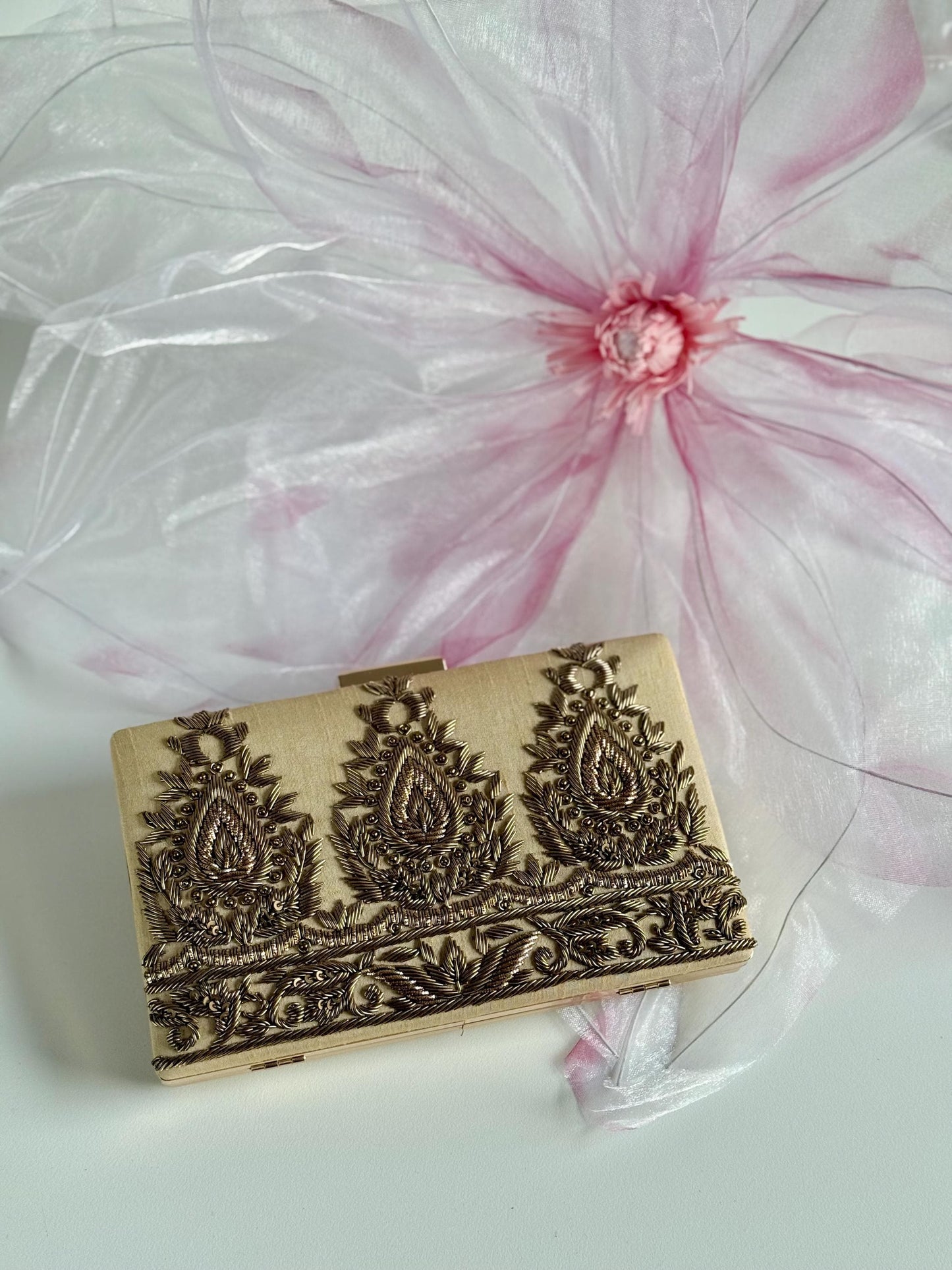 AMARNA | Hand Embellished Light Gold Clutch | Zardozi Dabka Embroidery | Paisley Wedding Clutch | Festive Bridal Purse | Traditional Evening Bag