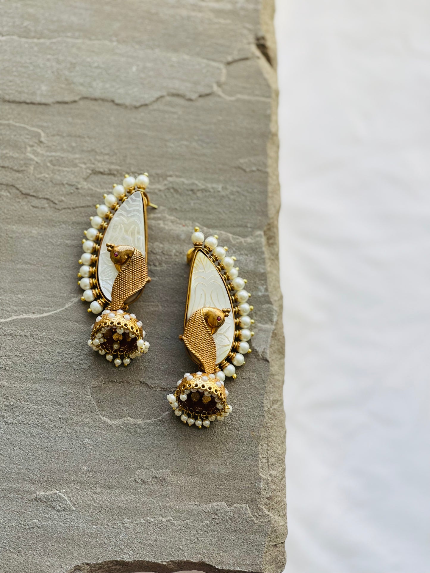 PARIVASH | Statement Gold White Pearl Peacock Earrings