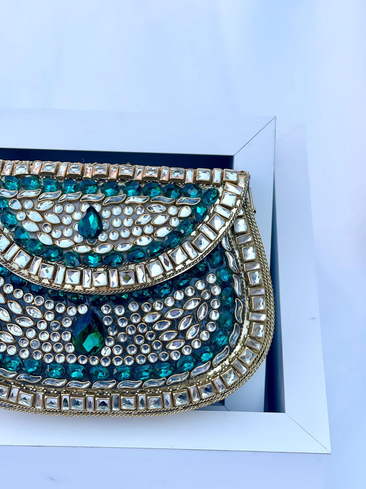 SHIRAZ | Luxury Kundan Clutch | Mini Embellished Minaudière Bag | Indian Wedding Purse | Gold & Green Evening Bag | Handcrafted Bridal Clutch |Ethnic