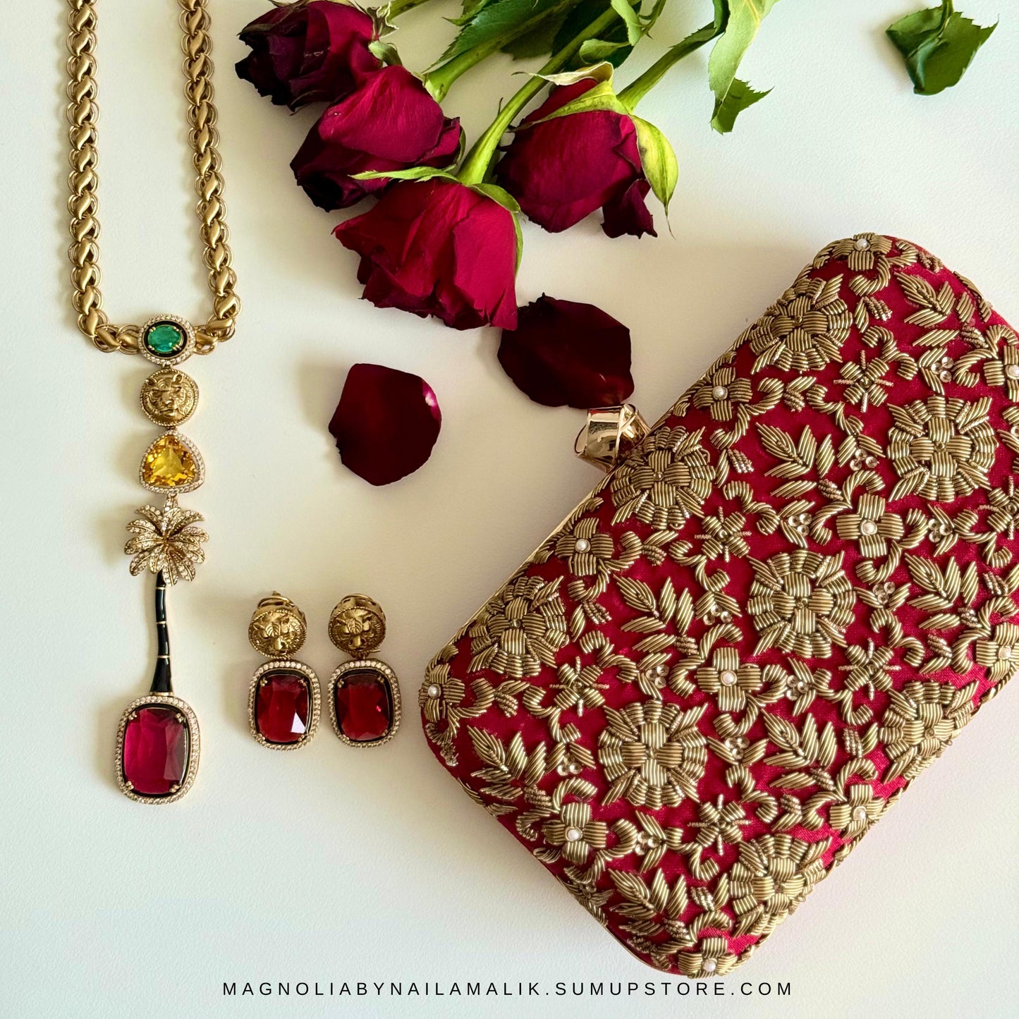 LANA Tiger and Palm Motif Designer Statement Necklace and Earrings Set in Green, Yellow and Red Stones 2 Variations