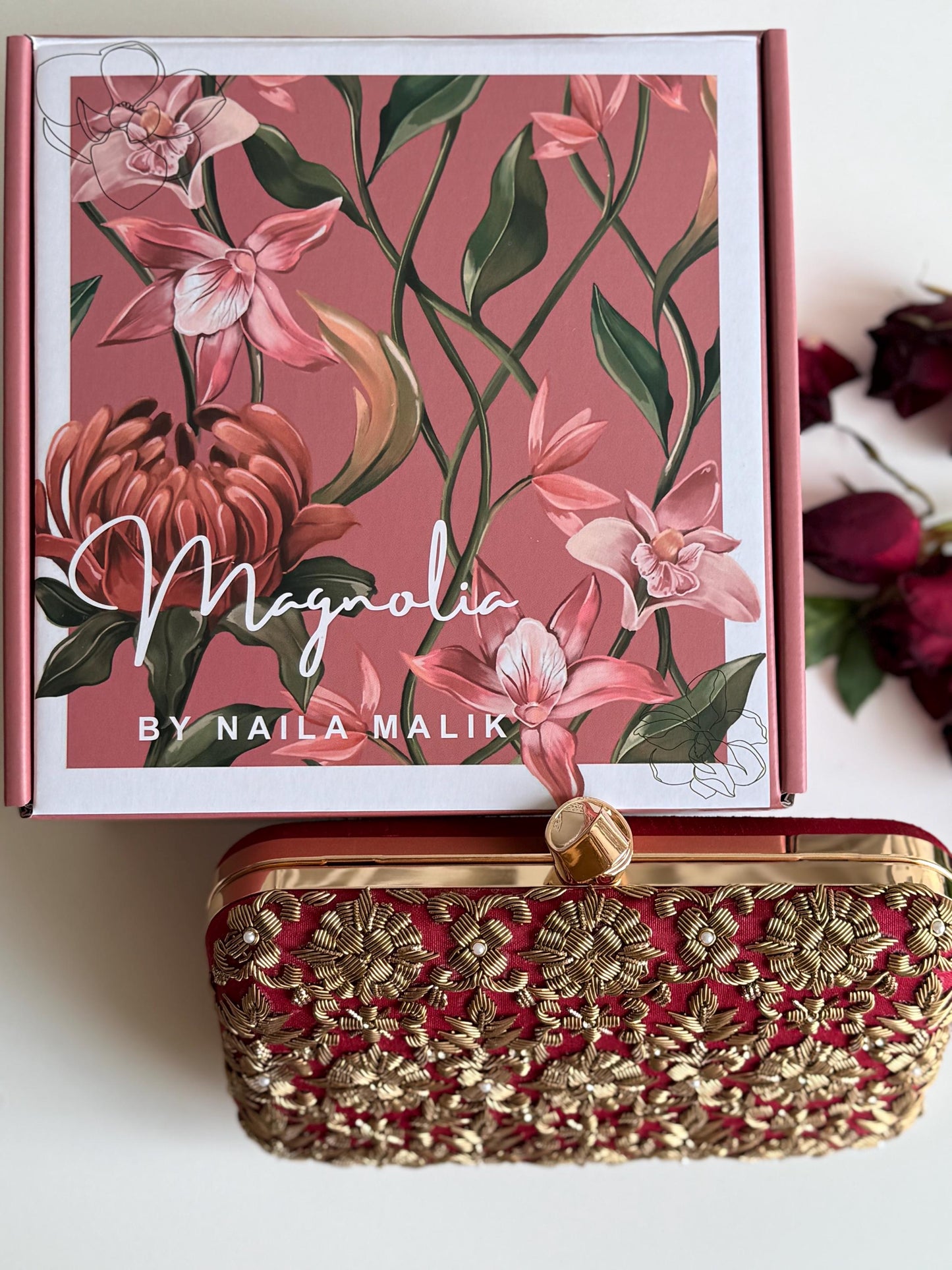 DELHI Knot Clasp |Dark Red Silk Clutch | Antique Gold Dabka Work | Handcrafted Bridal Evening Bag