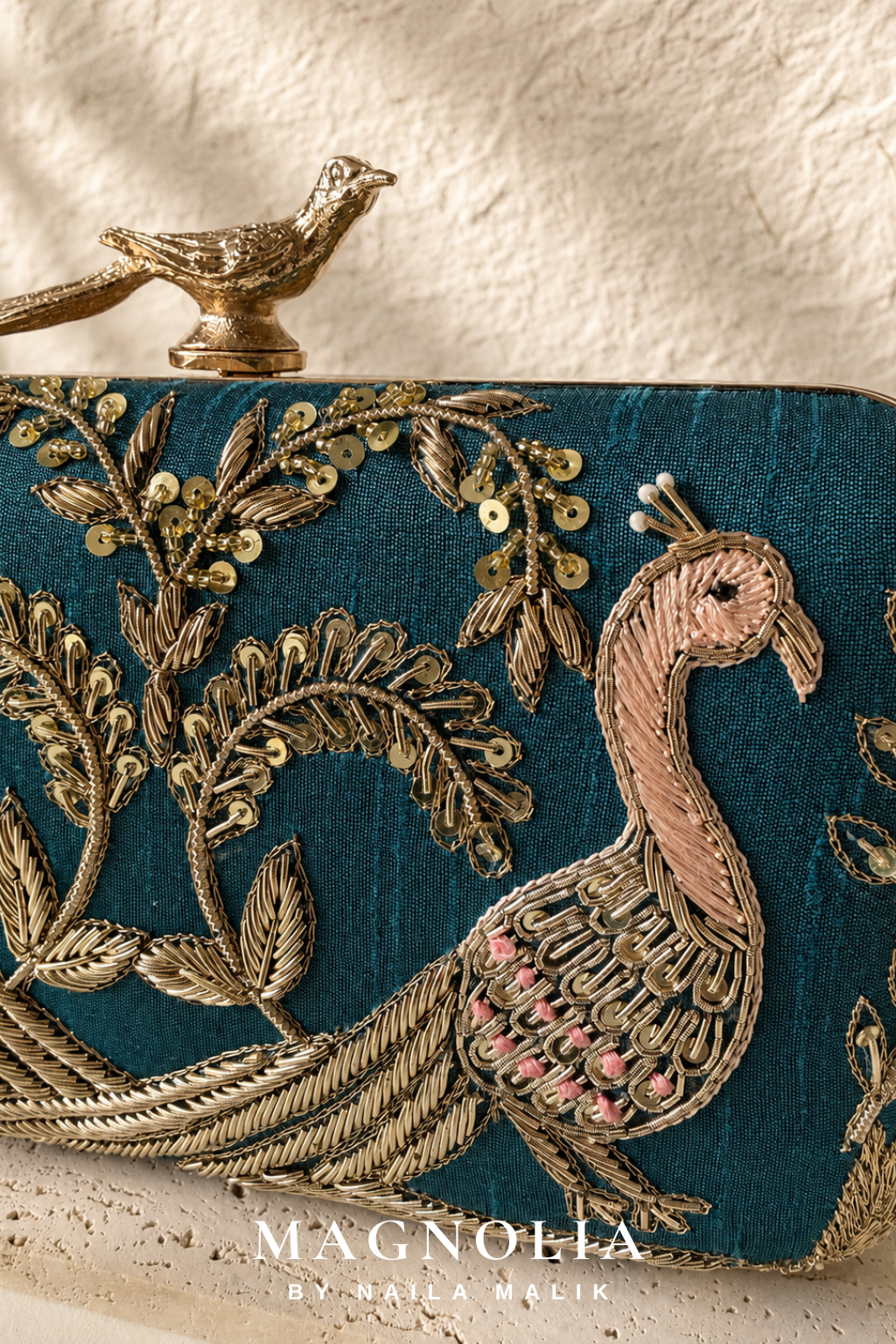 MARBELLA | Teal Bird Embroidery Clutch Bag