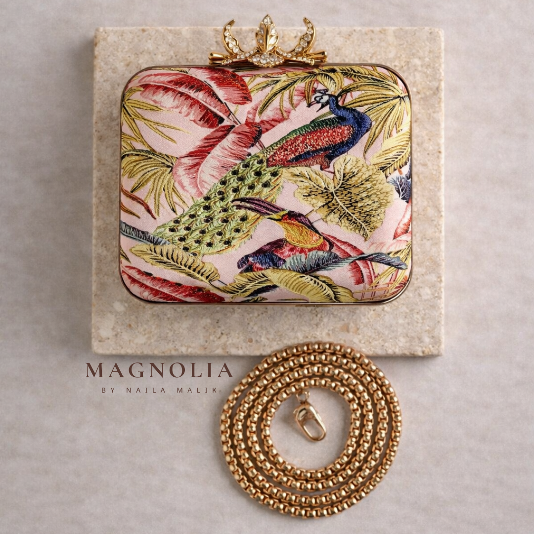 SAVANNAH Embroidered Bird Clutch Bag: Tropical Foliage, Beaded Evening Purse