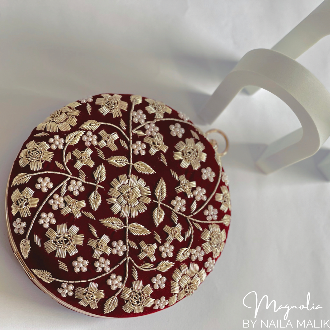 AGRA Maroon Velvet Round Clutch (Final Stock)