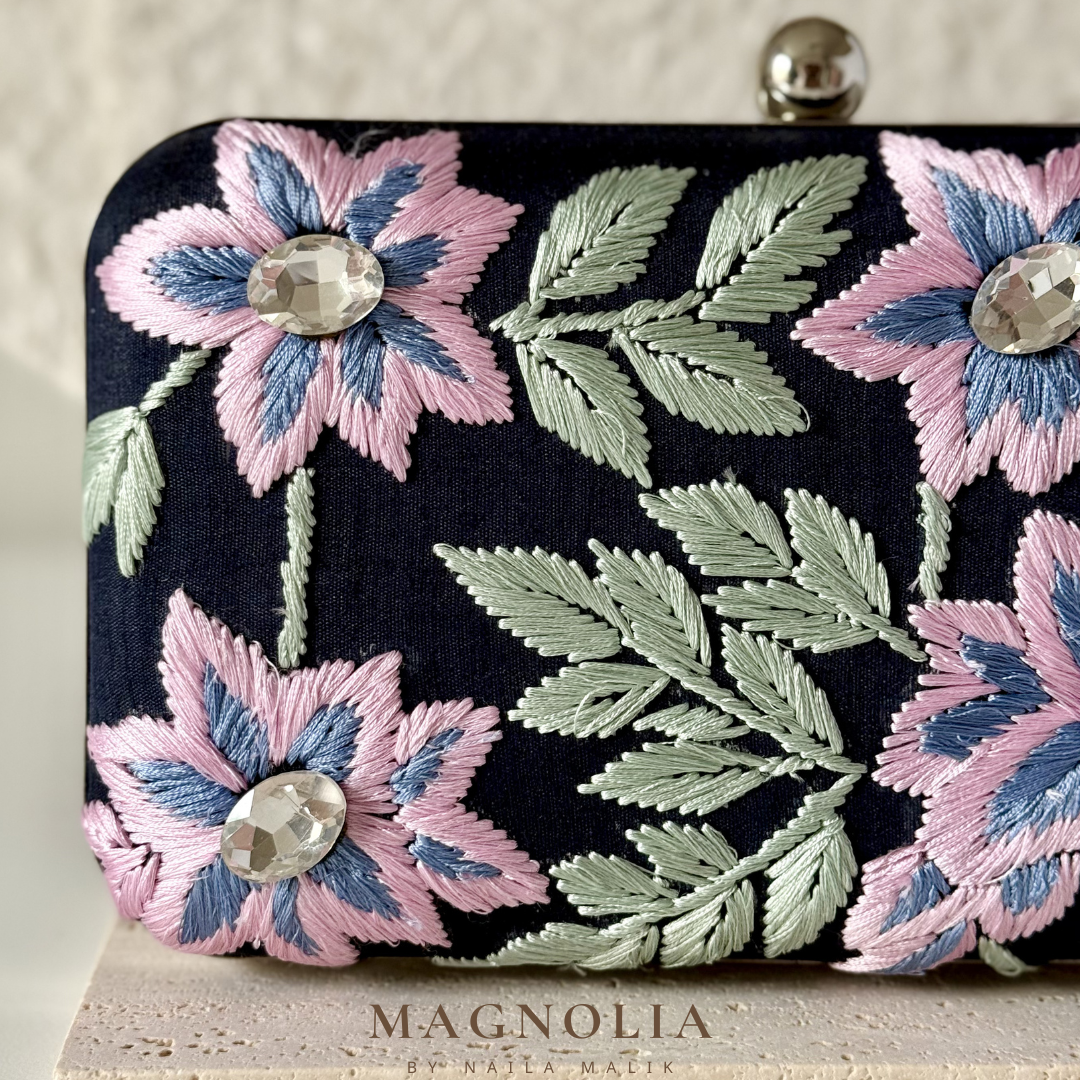 CANBERRA Vol II | Elegant Navy Blue Silk Floral Embroidered Clutch
