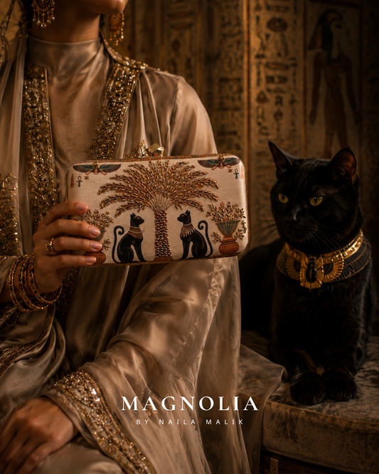 NEFRA OF NILE | Ancient Egypt Inspired Gold Printed Clutch Bag
