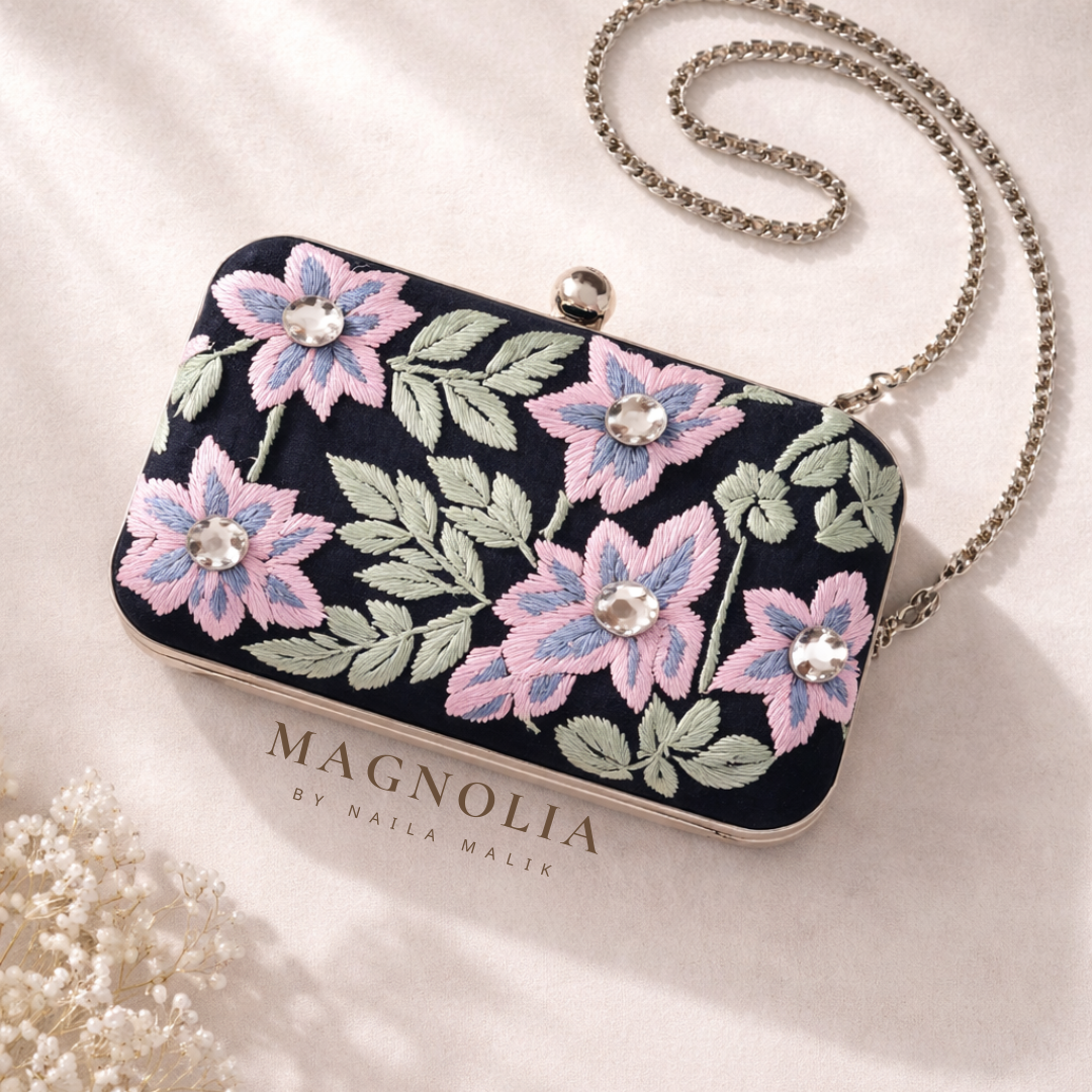 CANBERRA Vol II | Elegant Navy Blue Silk Floral Embroidered Clutch