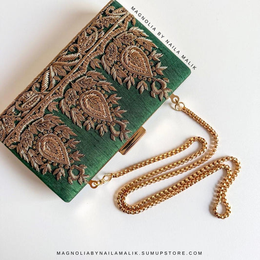 AMARNA | Green Clutch | Zardozi Dabka Embroidery | Paisley Wedding Clutch | Festive Bridal Purse | Traditional Evening Bag