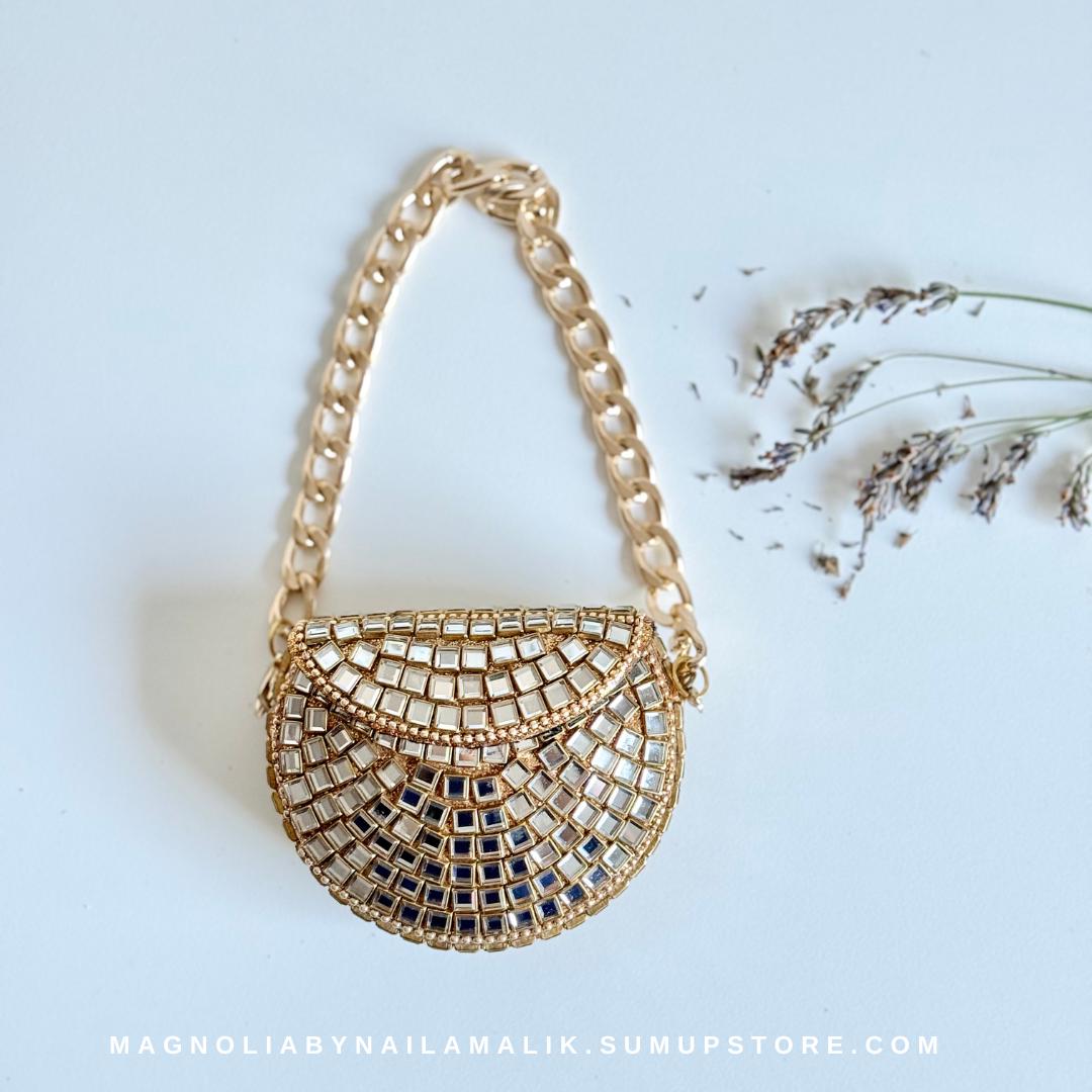 MEENA BAZAAR | Micro Mini Glass Work Kundan Minaudiere Clutch Purse