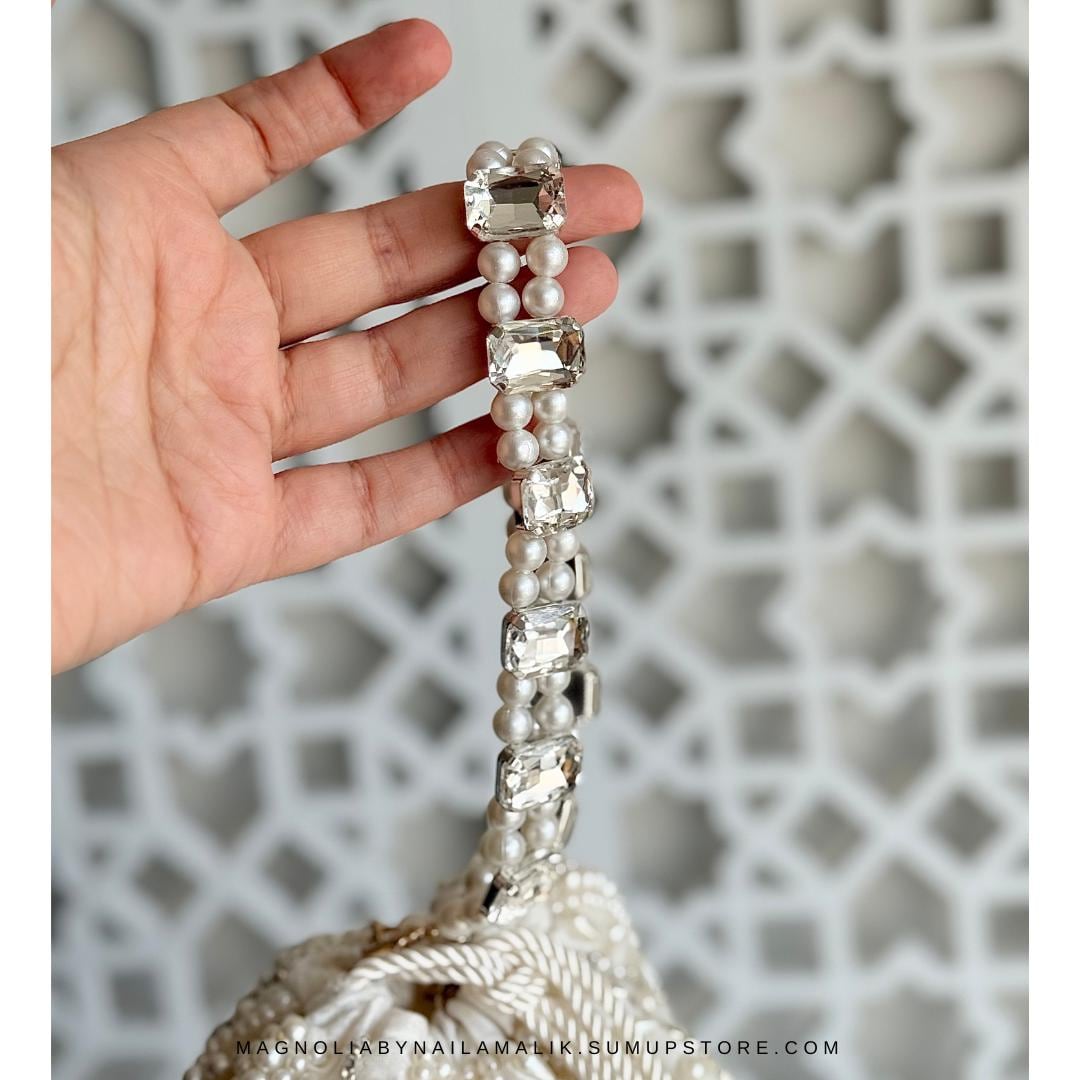 BIKANER | White Cream Potli bag with Bead Work and Crystal Handle | White Wedding Bridal Bag Pouch