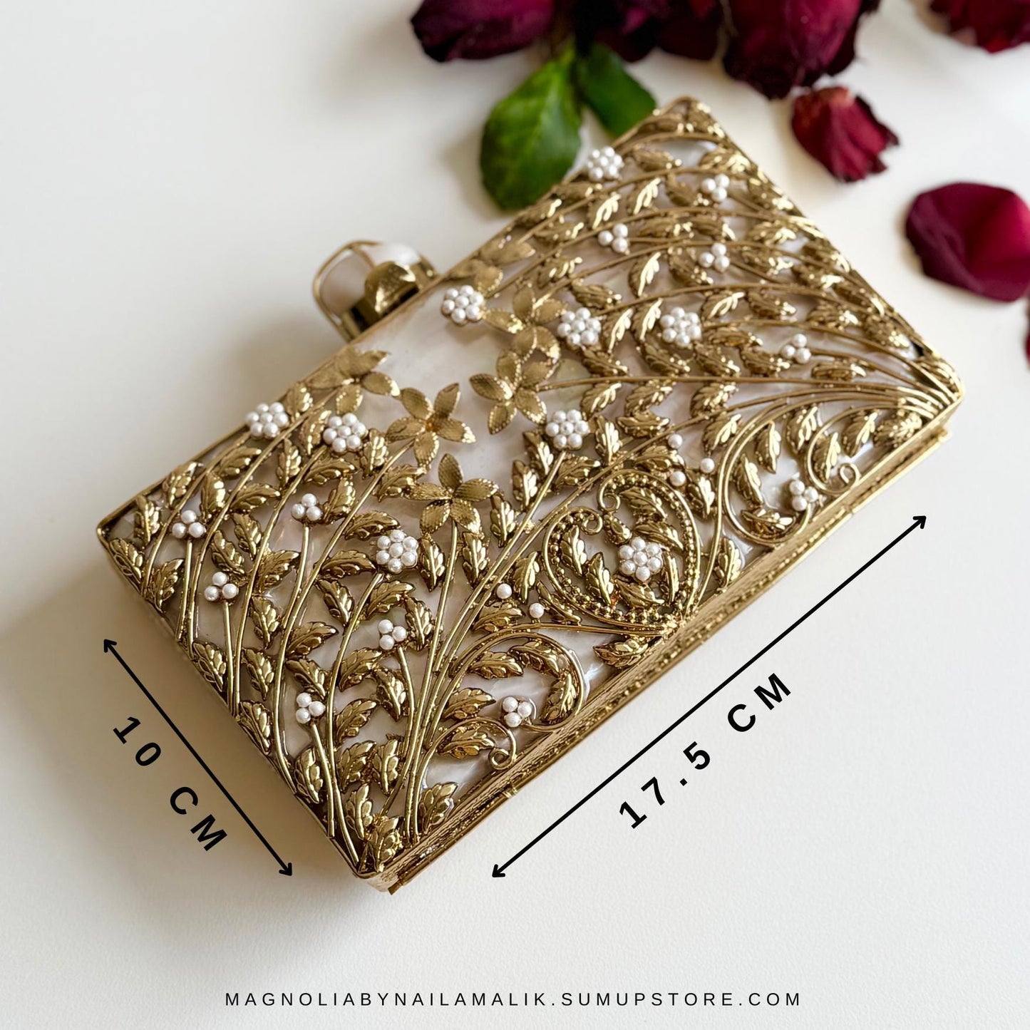 MELBOURNE | Gold Motif Rectangle Clutch Bag Mother of Pearl Evening Purse