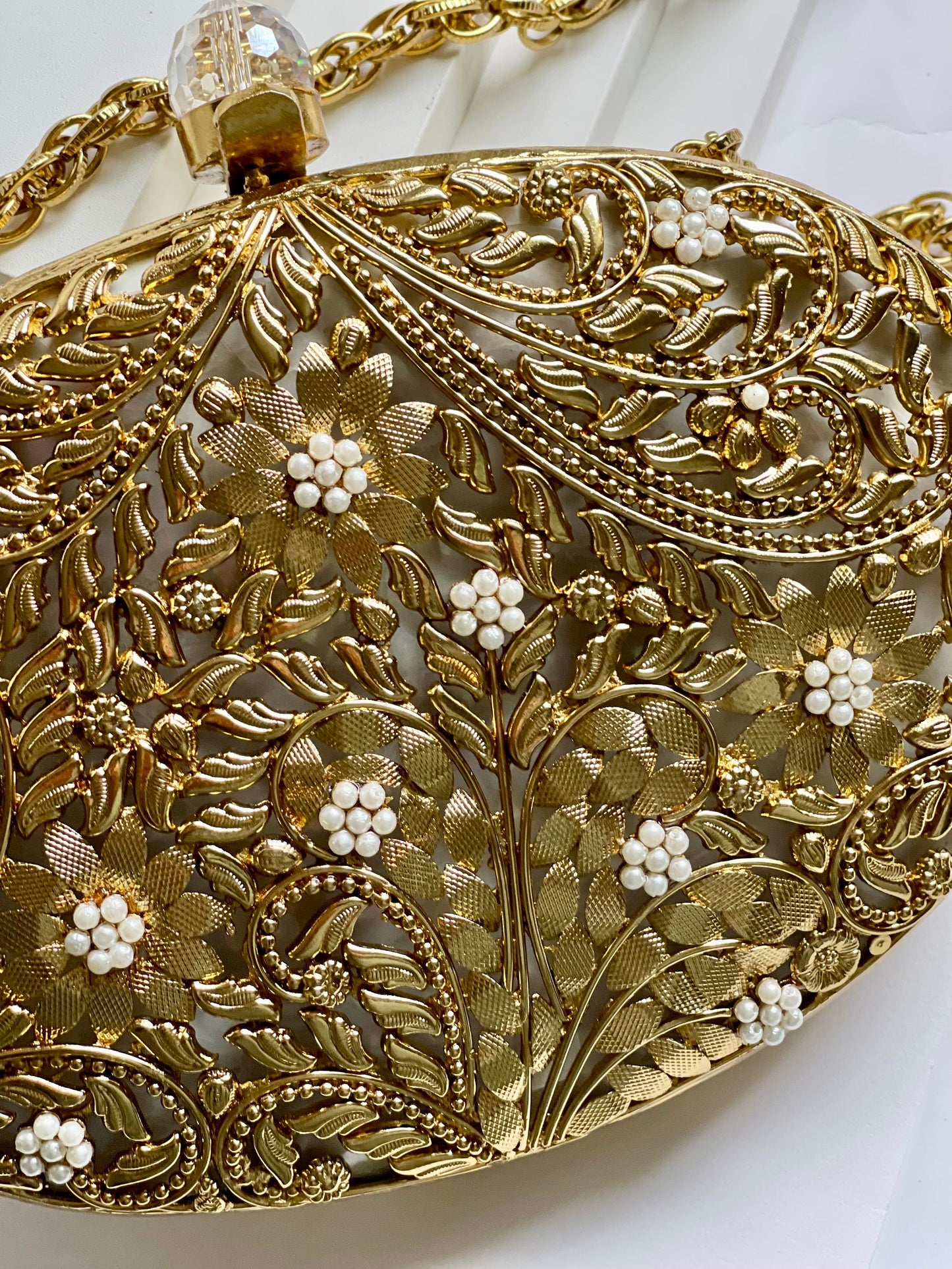 MAEVE | Gold Motif Oval Clutch Bag Mother of Pearl Evening Purse
