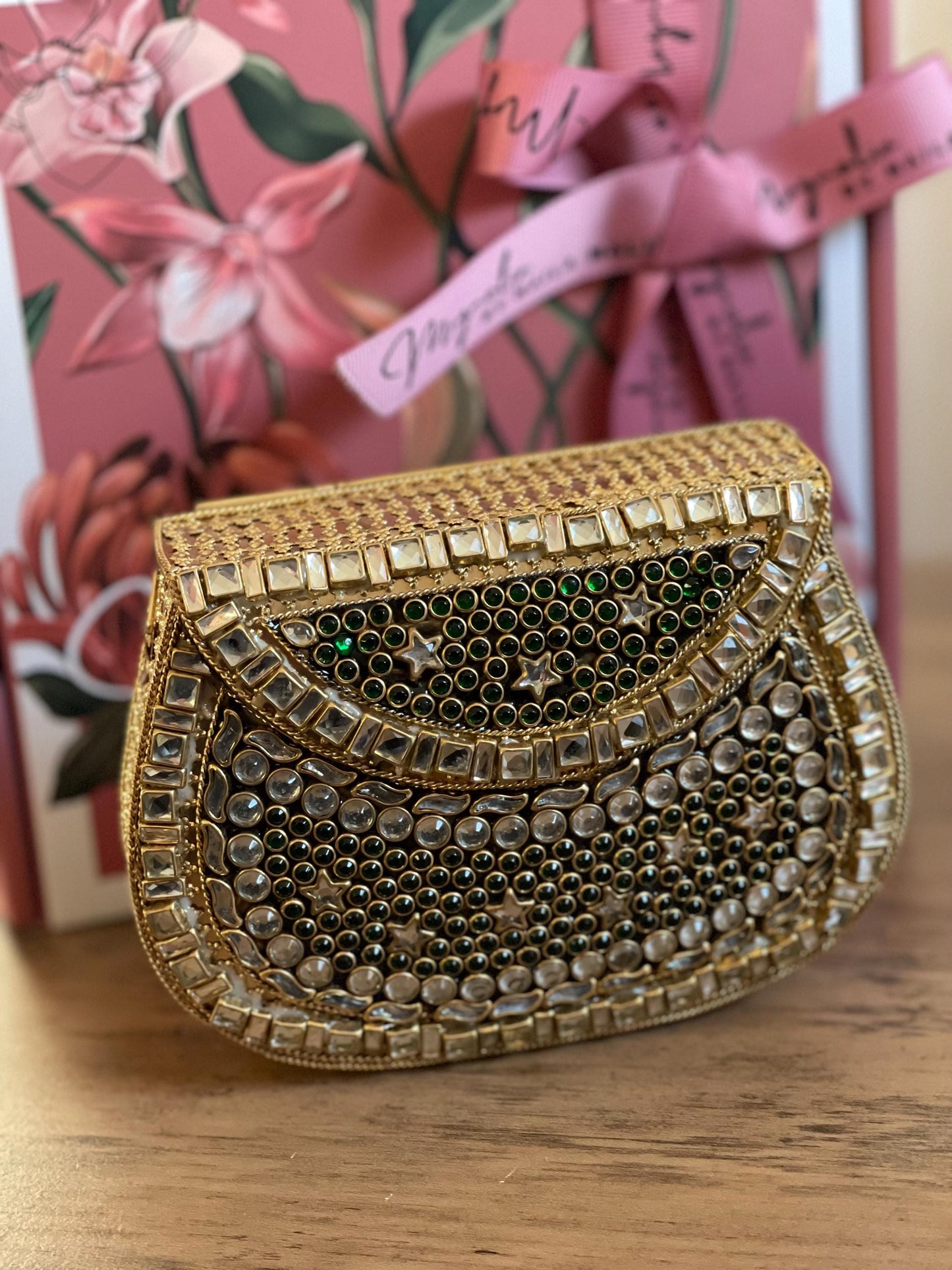 MASHHAD | Gold & Green Evening Bag | Kundan Clutch | Mini Embellished Minaudière Bag | Indian Wedding Purse | Handcrafted Bridal Clutch