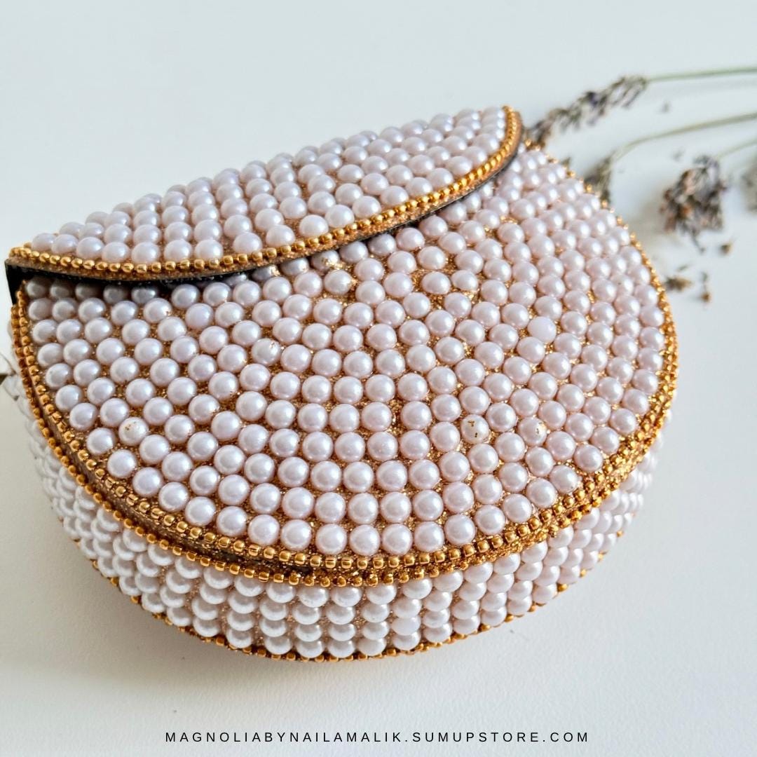 MUTTRAH SOUQ | Pearl Work Mini Minaudiere Cabochon Clutch Purse Formal Event Party Accessories Fashion Bag | Birthday Gift