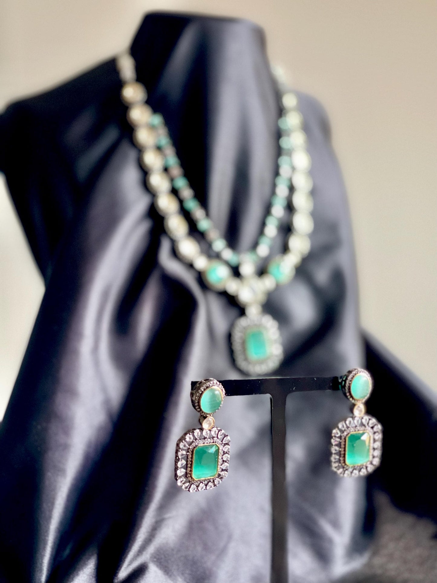 AFSANEY | Polki Silver and Turquoise CZ Indian Modern Jewelry Set with Earrings